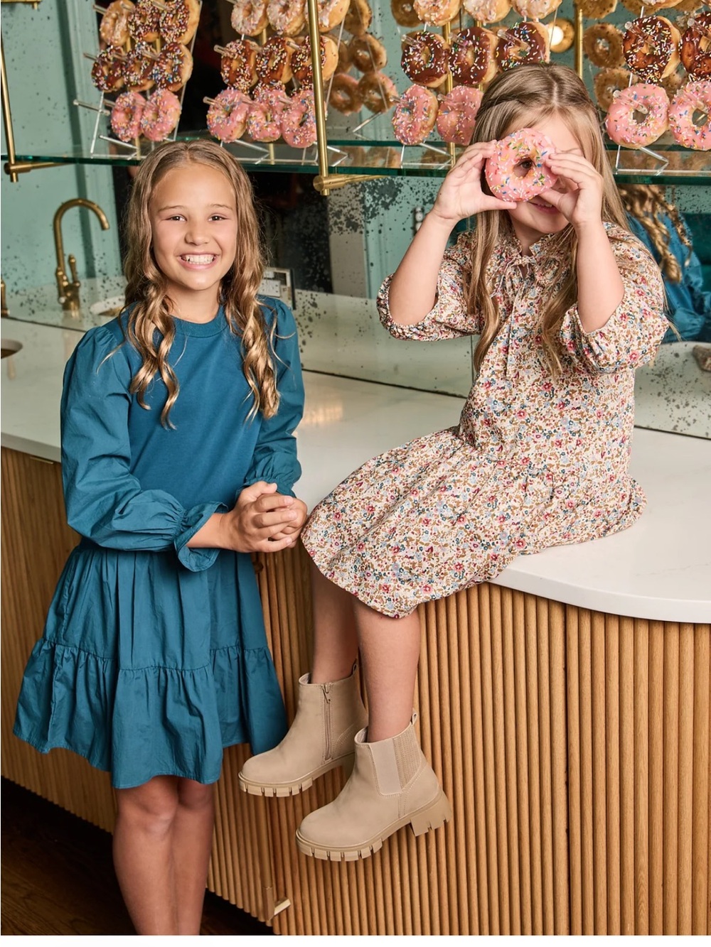 Pleat Girls' Teal Long-Sleeve Tiered Dress size 10